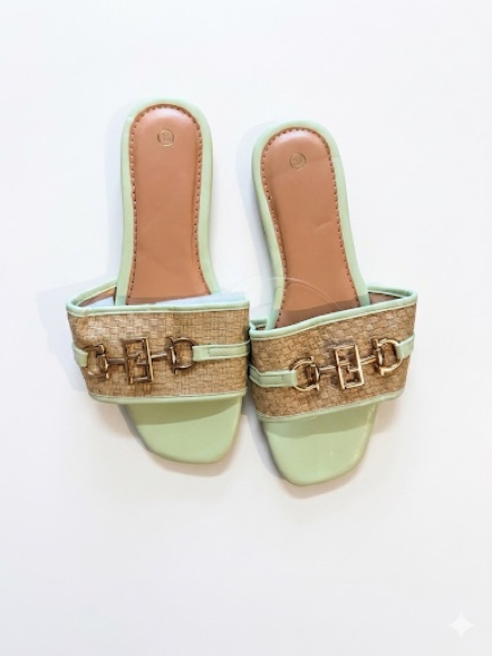 Women's Mint Green Slide Sandals with Natural Woven Strap